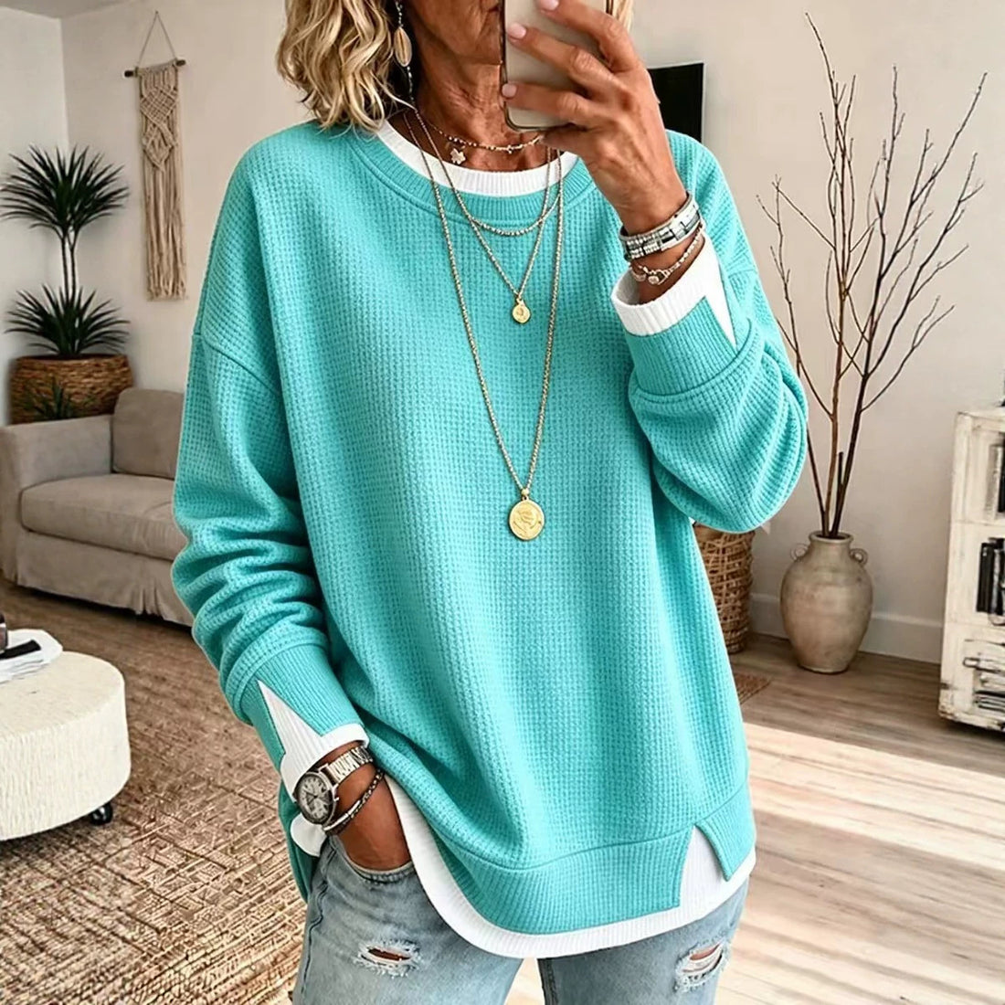 Women's Waffle-knit Crew-neck Loose-fit Long-sleeve Sweatshirt