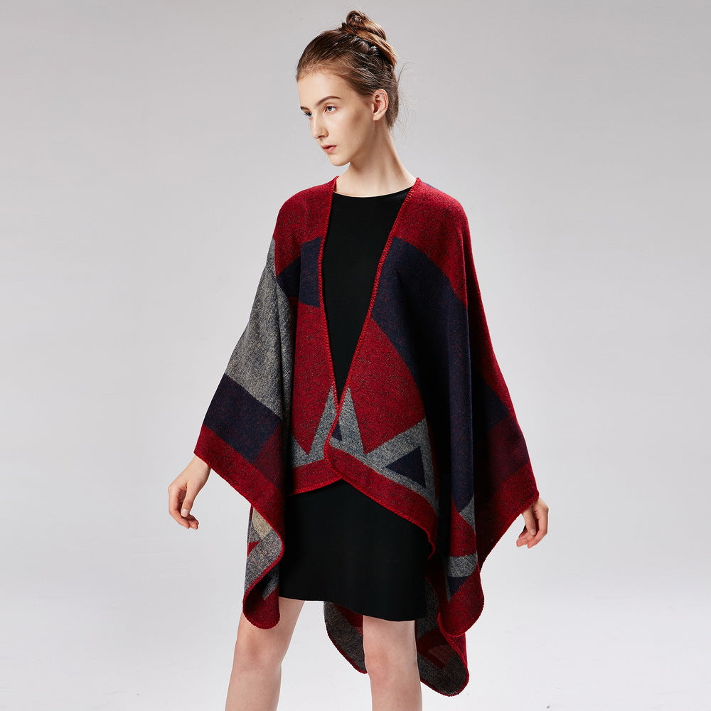 Women's Hooded Solid Tassel Split Shawl, Loose Knit Warm Poncho Cape For Autumn Winter