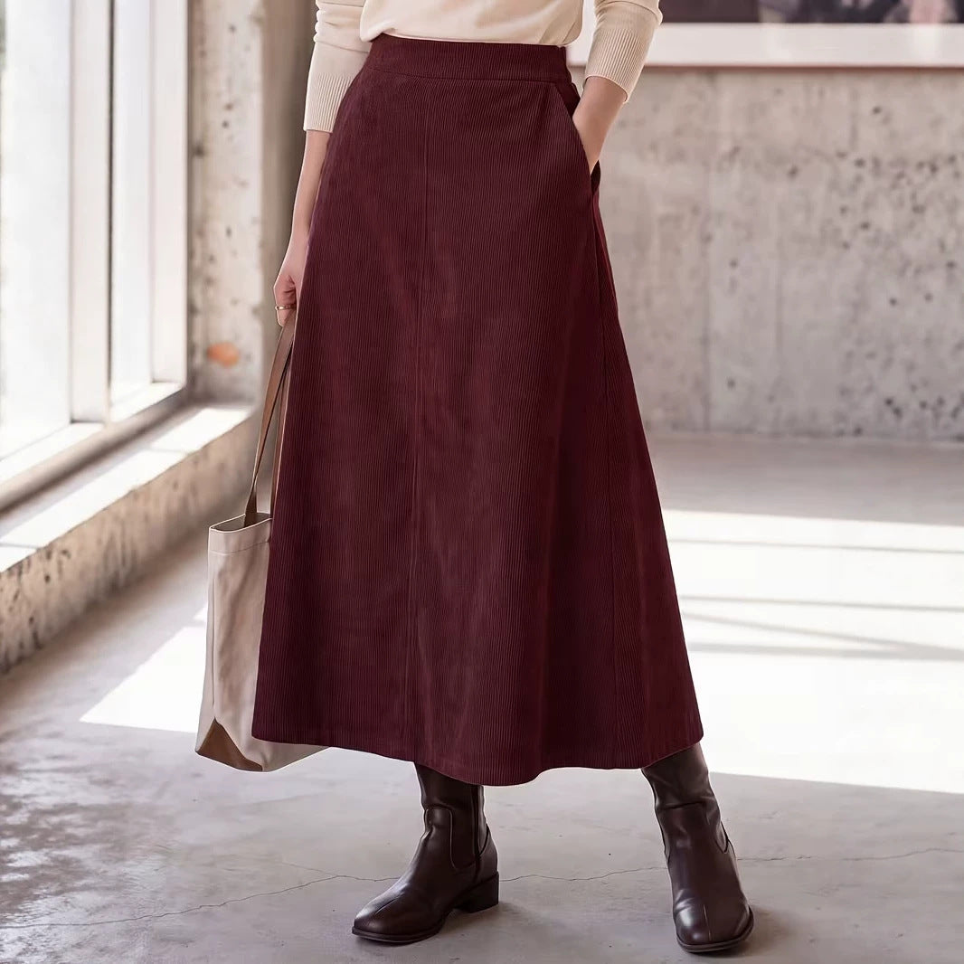 Cross-border New Womens High-waisted Corduroy A-line Mid-length AutumnWinter Flowy Maxi Skirt With Side Pockets