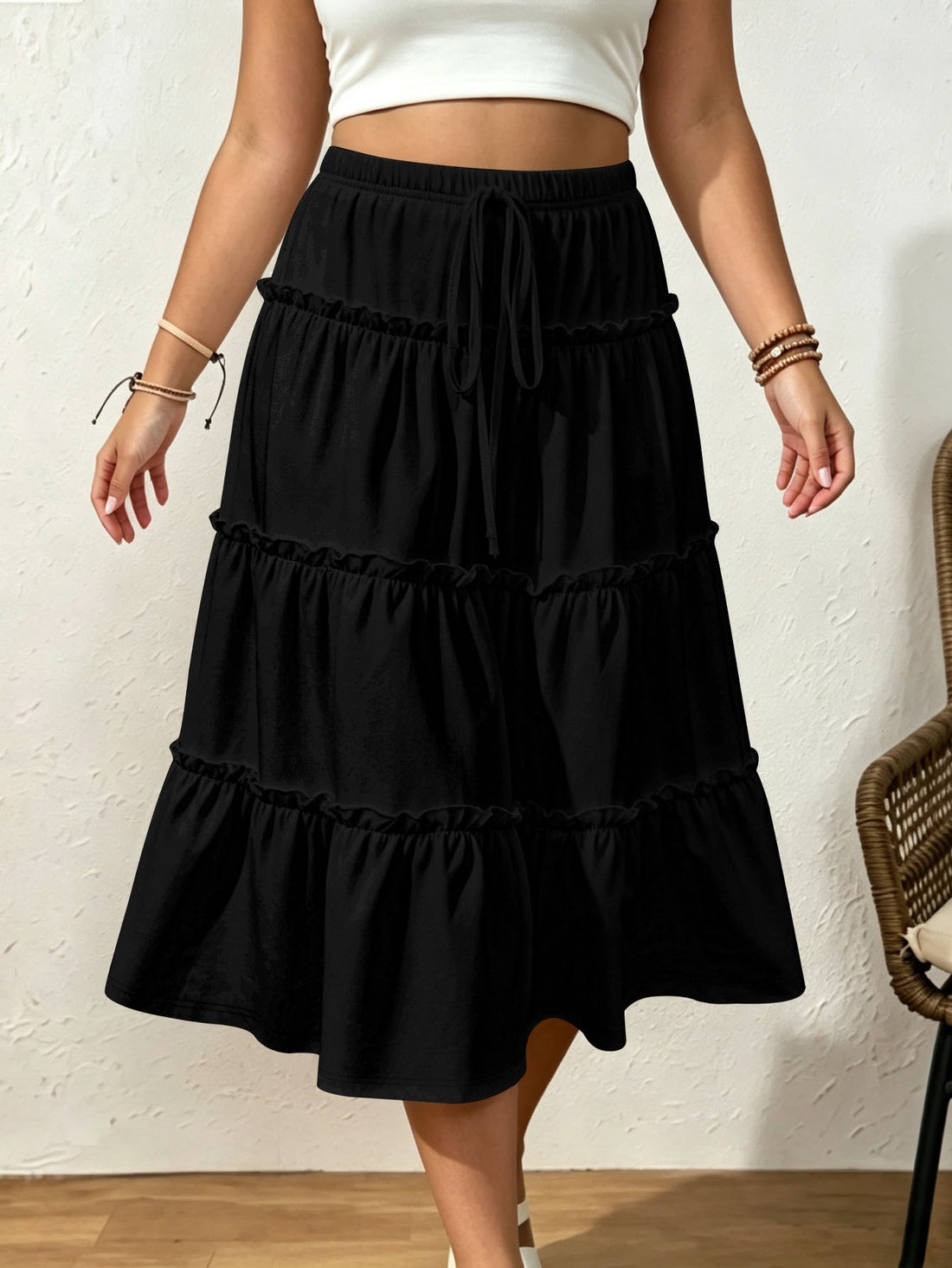 Drawstring Elastic Waist Loose Slimming Midi Tiered Skirt