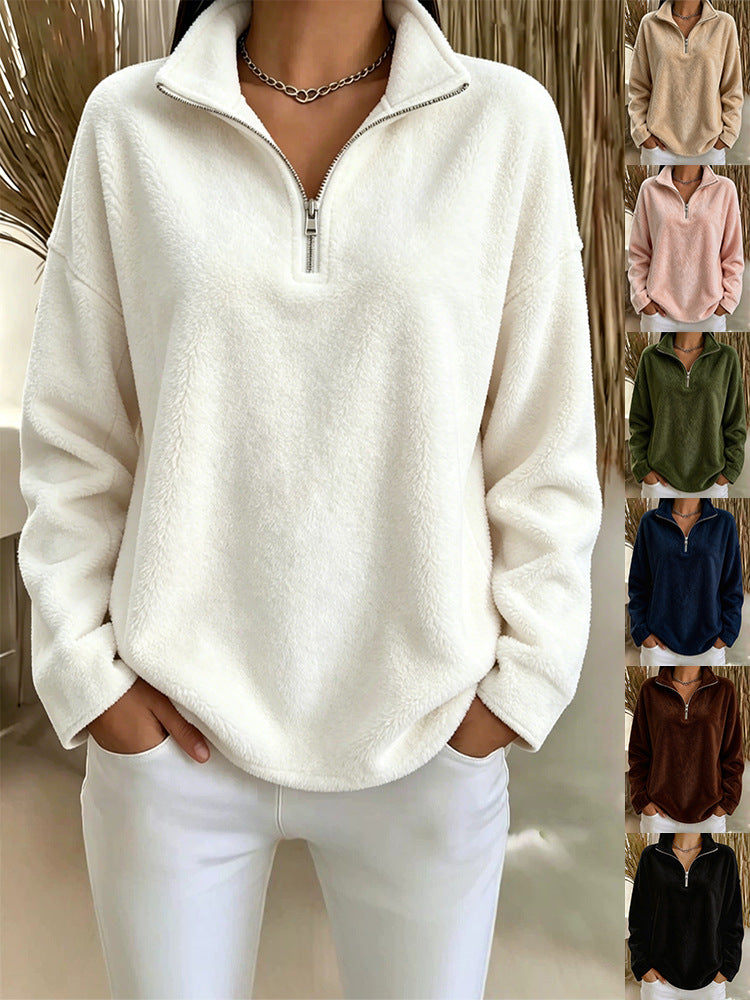 Amazon European And American Cross-Border New Women's Clothing Small Stand Collar Zipper Double-Sided Fleece Long Sleeve Pullover Sweatshirt