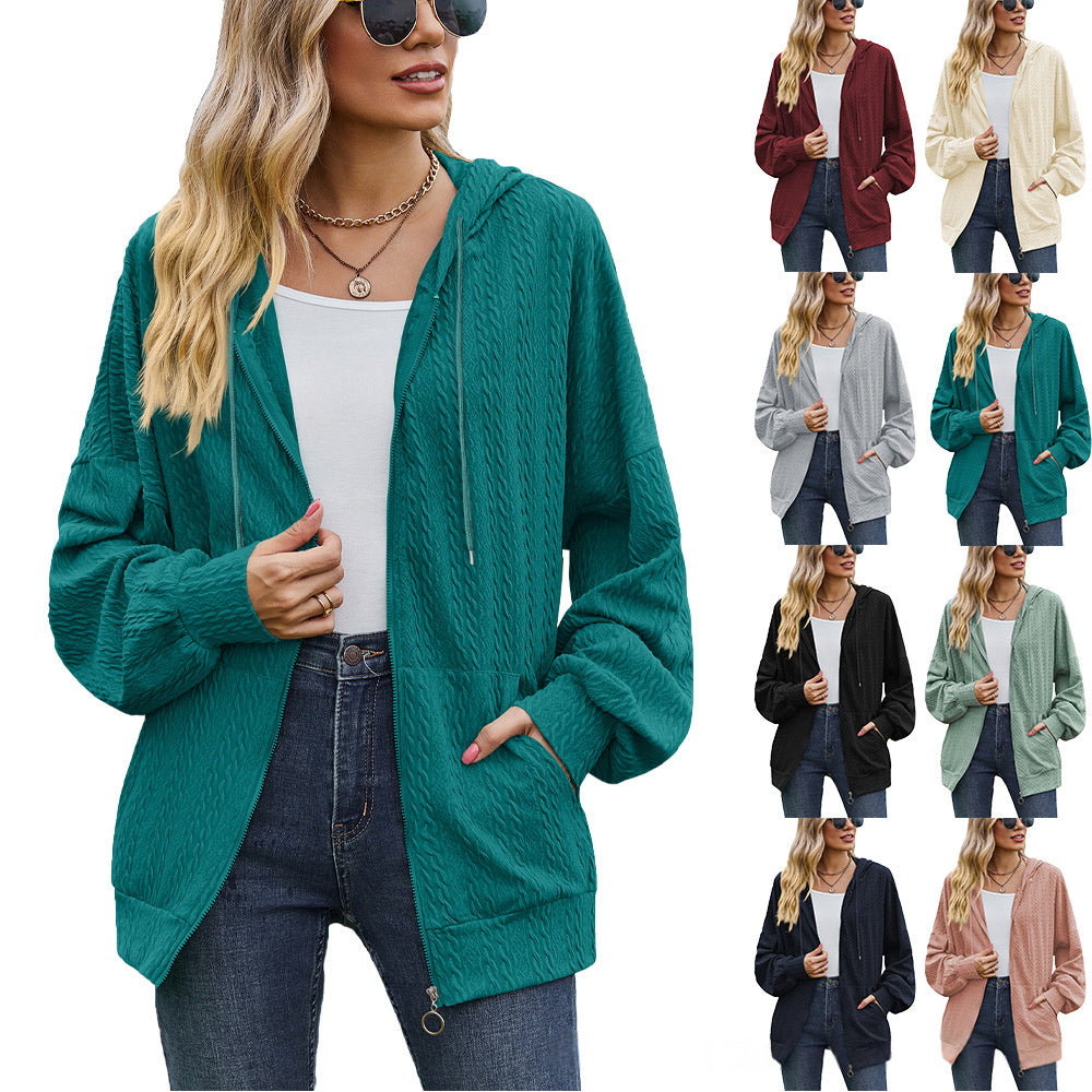 Solid-color Pocket Long-sleeve Loose-fit Hooded Sweatshirt Women's Jacket