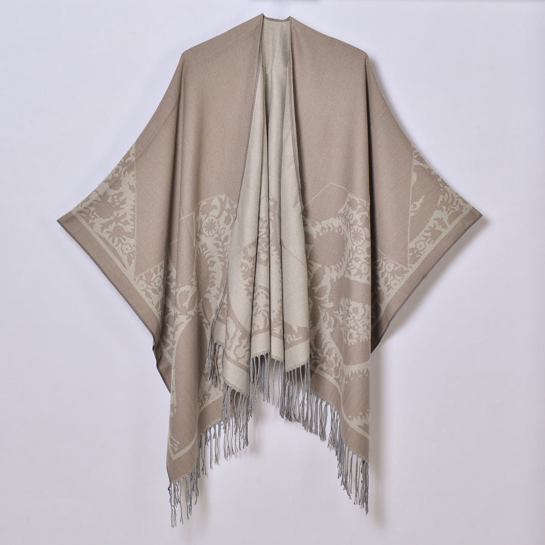 Women's Autumn Winter Vintage Floral Shawl Coat, Tassel Jacquard Poncho Cardigan Office Air-Conditioning Blanket