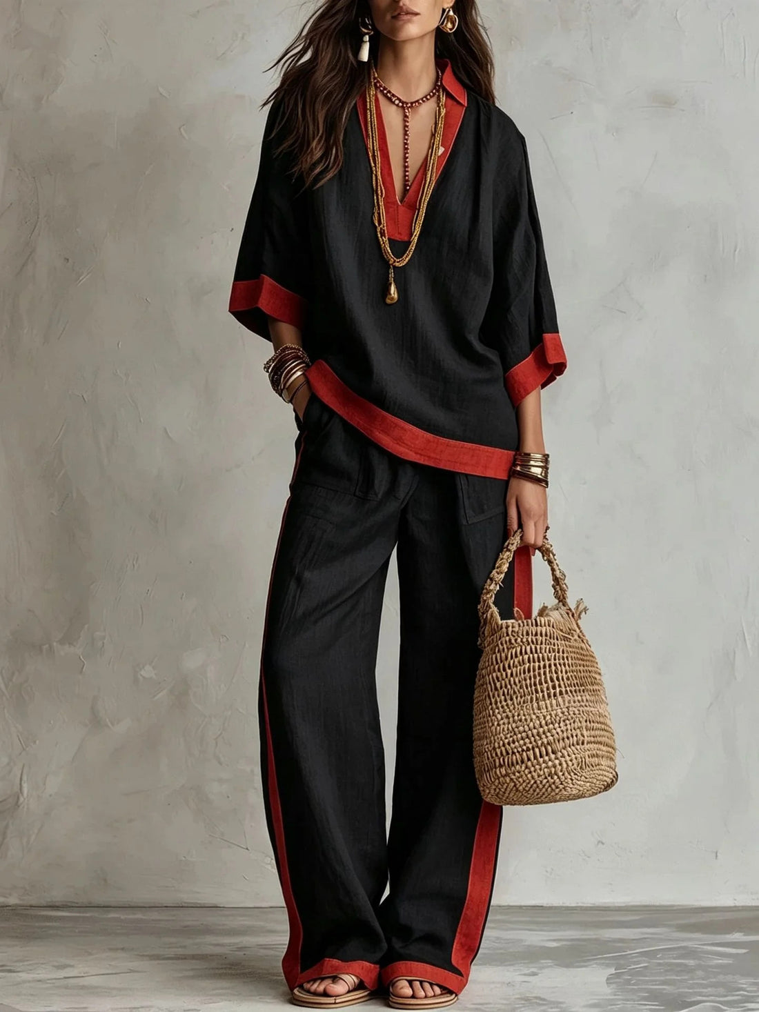 2026New Autumn And Winter Contrasting Color Linen Casual Suit Loose V-neck Top Wide-leg Pants Two-piece Set