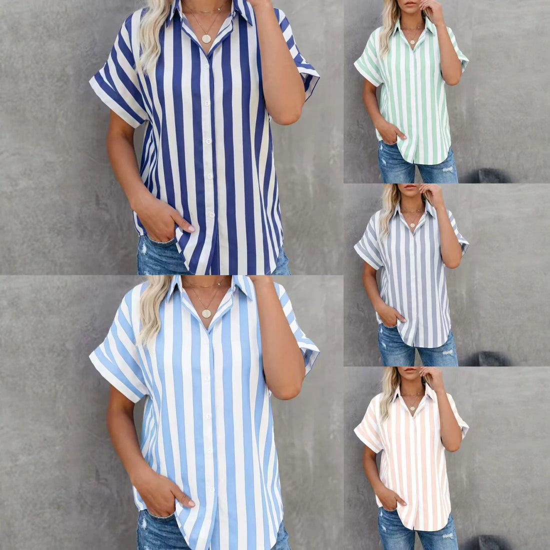 2026 European And American Cross-Border Foreign Trade Independent Site Amazon New Summer Women's Button-Down Striped Short-Sleeve Shirt