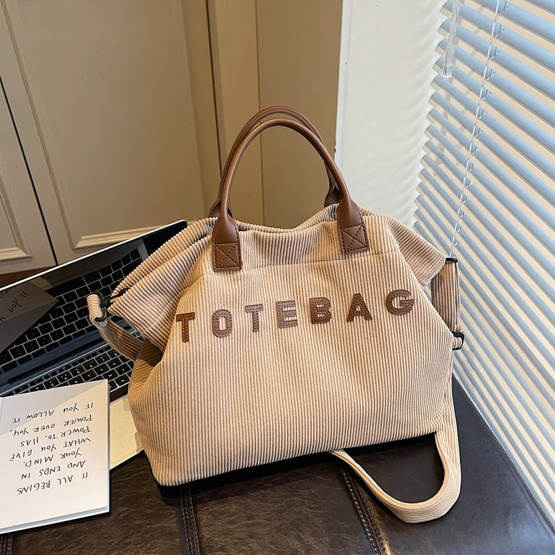 Letter-print Corduroy Large-capacity Commuter Tote And Shoulder Bag