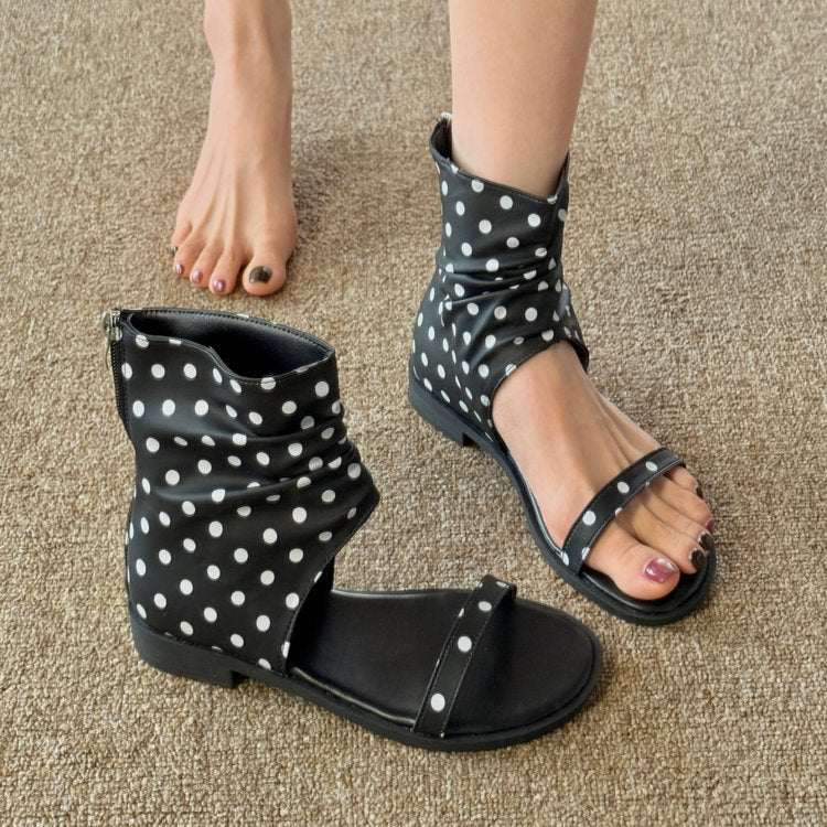 European And American Style Polka Dot Single Strap Mid-Calf Sandal Boots For Women, Comfortable Flat Fashion Boots, Slip-on Flat Summer Sandals
