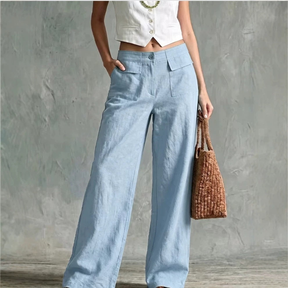 2026 Spring And Summer Loose Women's Casual Wide Leg Pants New Summer Solid Color High Waist Loose Cotton And Linen Wide Leg Pants