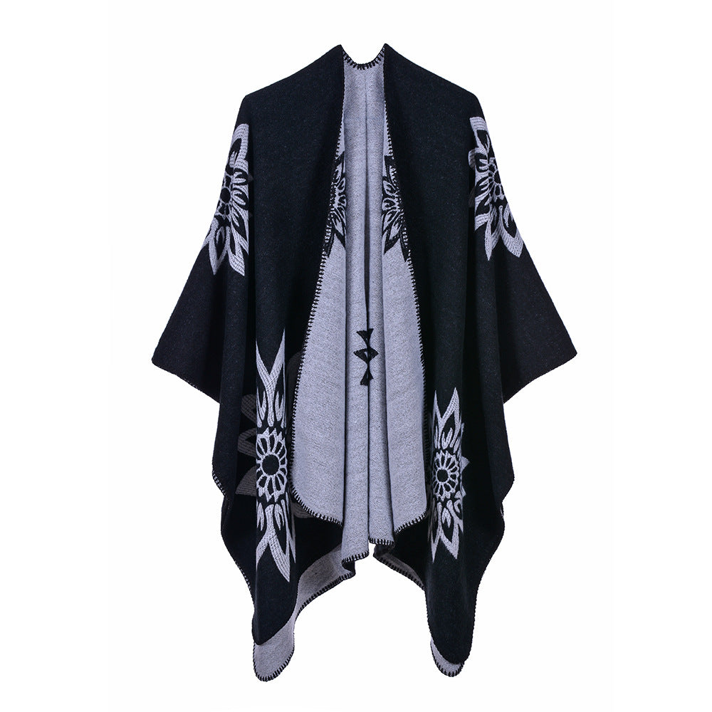 Women's Extended Fashion Scarf Shawl, Two-in-One Travel Warm Double-Sided Faux Cashmere Floral Poncho