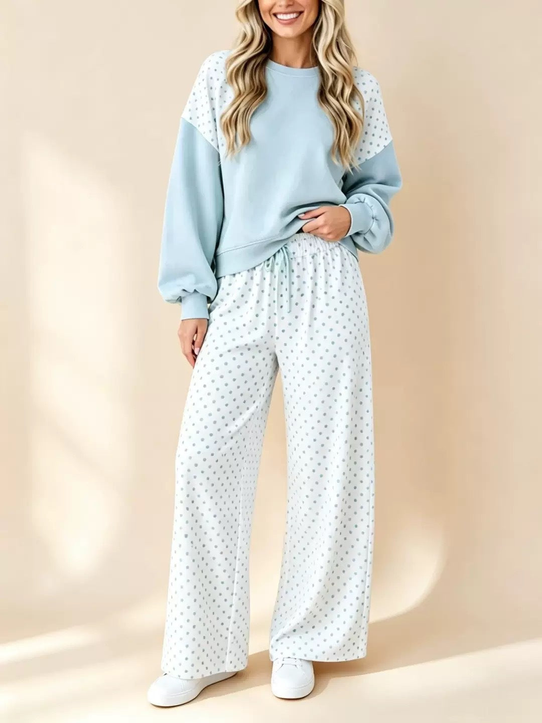 Autumn And Winter Color Matching Polka Dot Women's Suit Round Neck Long Sleeve Drawstring Wide Leg Pants Two-piece Set