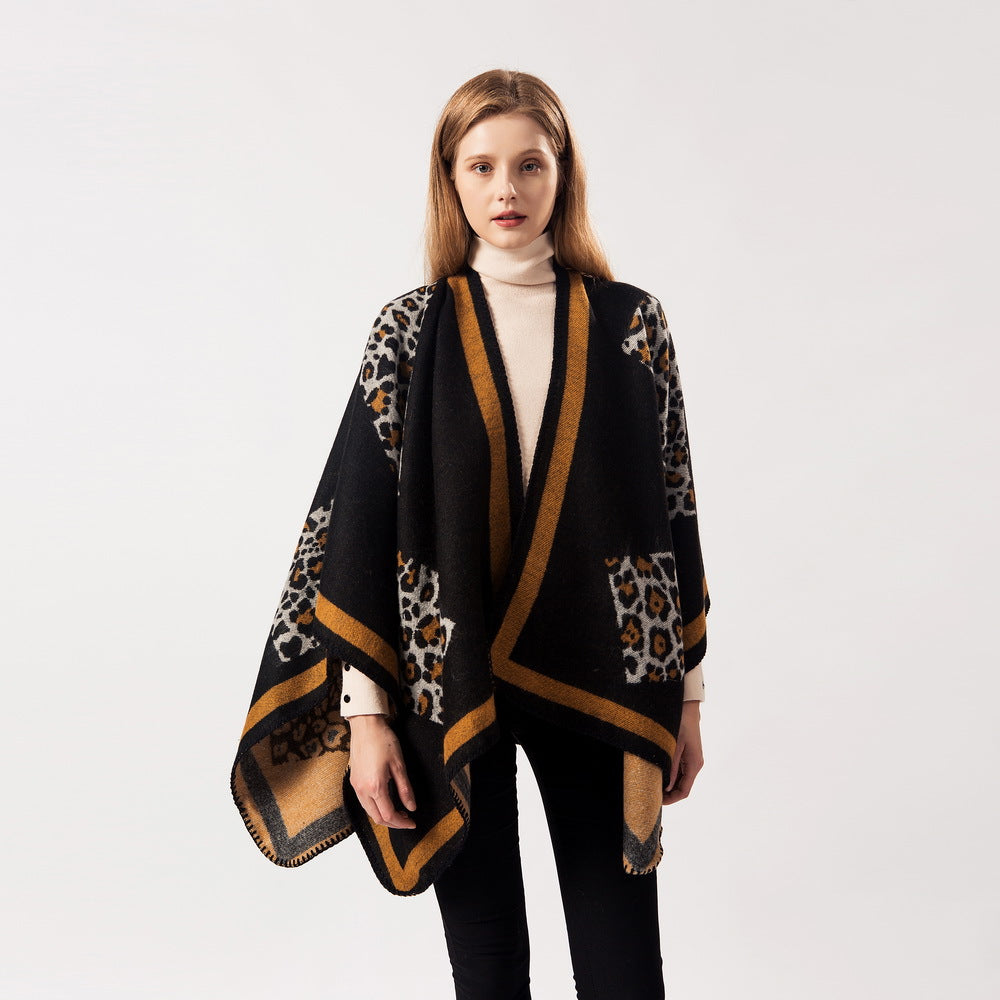 Women's Autumn Winter Leopard Pattern Shawl, Women's All-Match Faux Cashmere Large Scarf Dual-Use AC Shawl Poncho