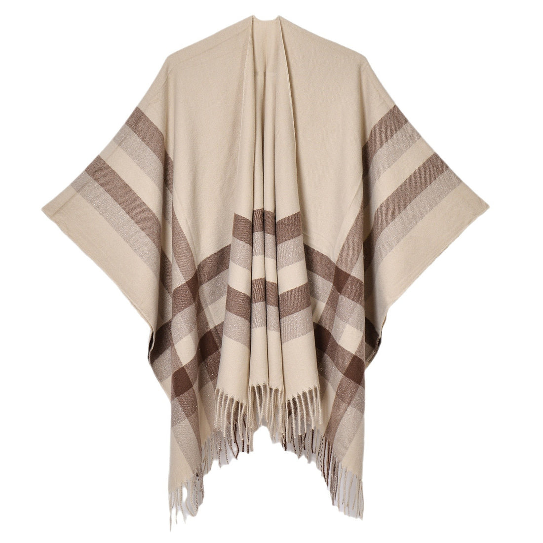 Women's Autumn Winter Silver Thread Stripe Plaid Shawl, Minimalist All-Match Split Cardigan Poncho Office Blanket
