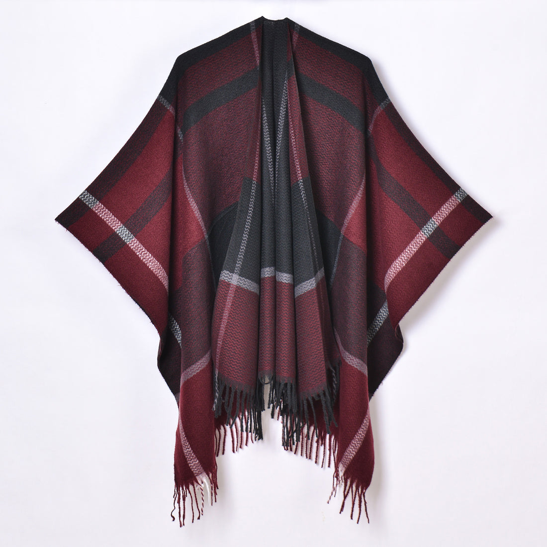 Women's Classic Line Check Shawl, Autumn Winter New Thick Knit Cardigan Poncho