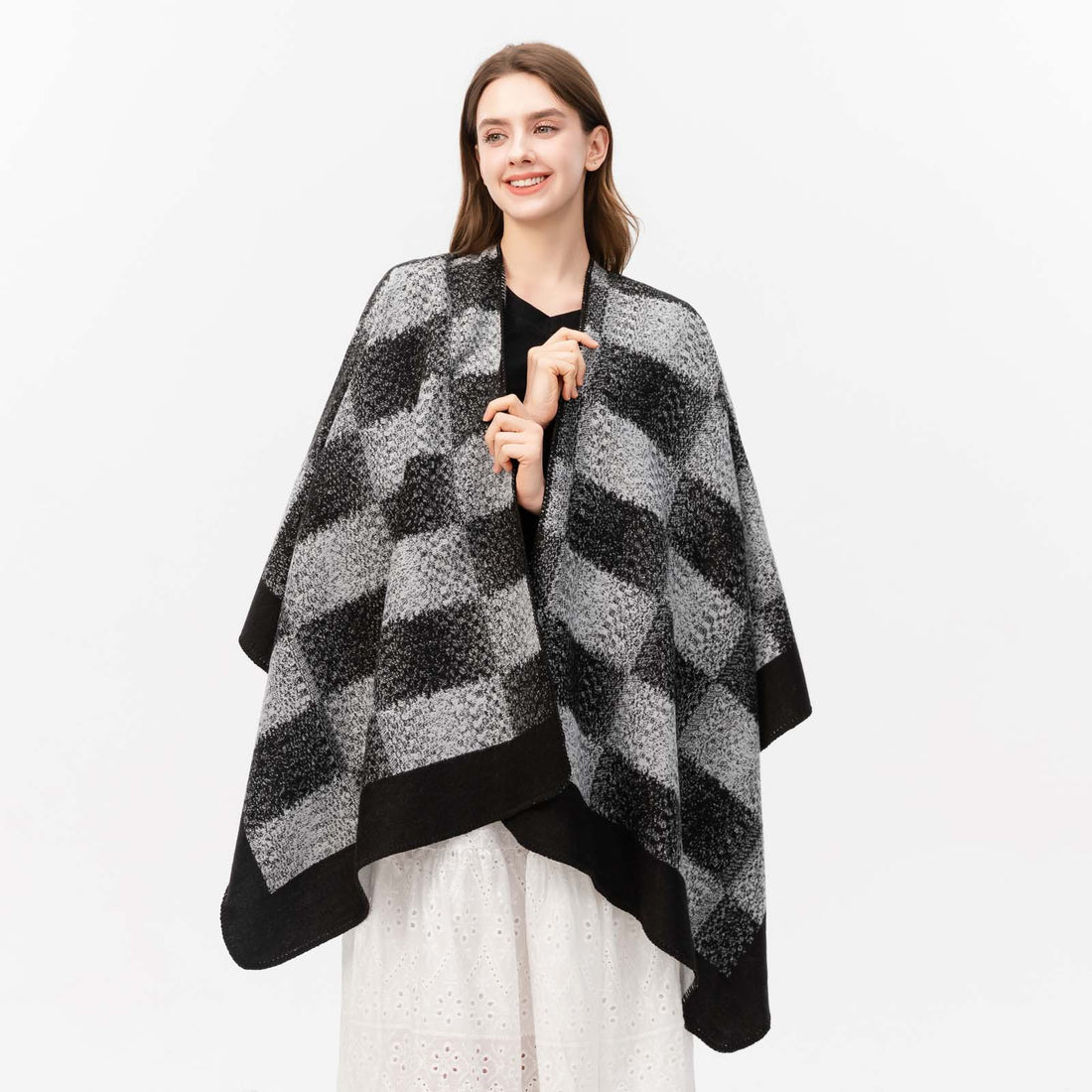 Women's Classic Colorful Plaid Shawl, Fashion Split Poncho