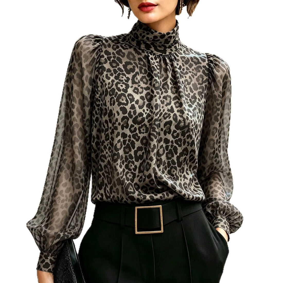 Retro Leopard Print Polka Dot Shirt For Women High Neck Lantern Sleeve Long Sleeve Temperament Commuting Top