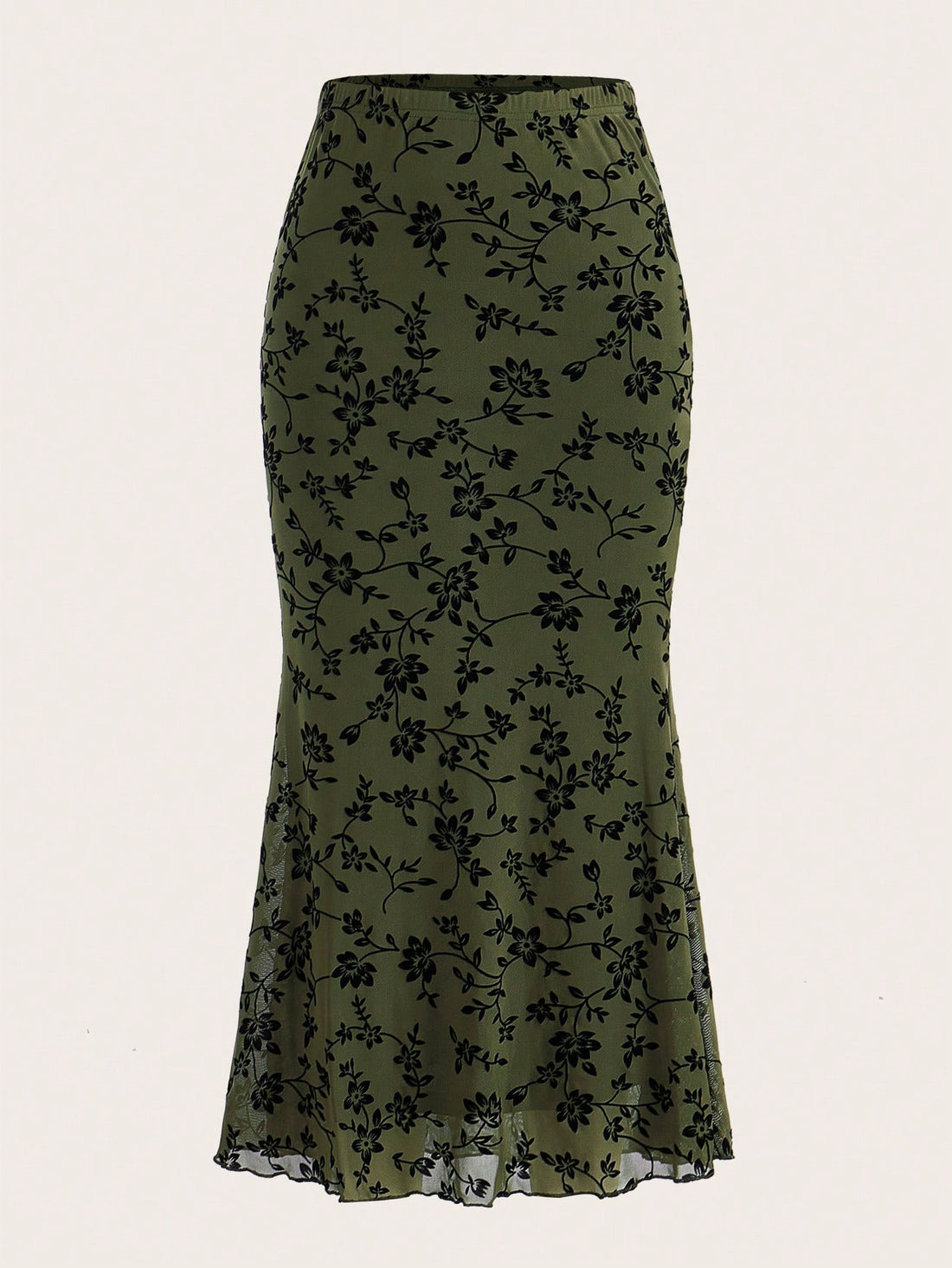 European And American Cross-Border Fashion 2026 Spring New Style Dark Green Floral Half-Length Fishtail Skirt, Casual And Versatile, Accentuates Graceful Curves