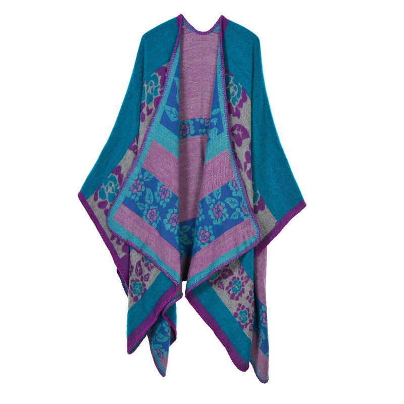 Women's Autumn Winter Thick Small Floral Warm Faux Cashmere Shawl Poncho, Reversible Coat Scarf