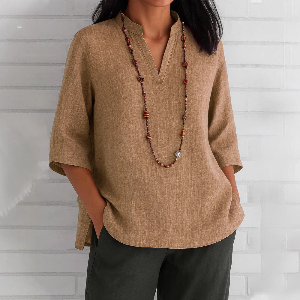 2025 New Amazon Independent Station Summer European And American Clothing V Neck Three-Quarter Sleeve Cotton And Linen Loose Casual Shirt