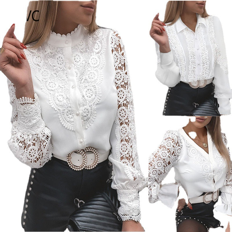 Fashionable Lace Long Sleeve V-Neck Button-Down Shirt For Women