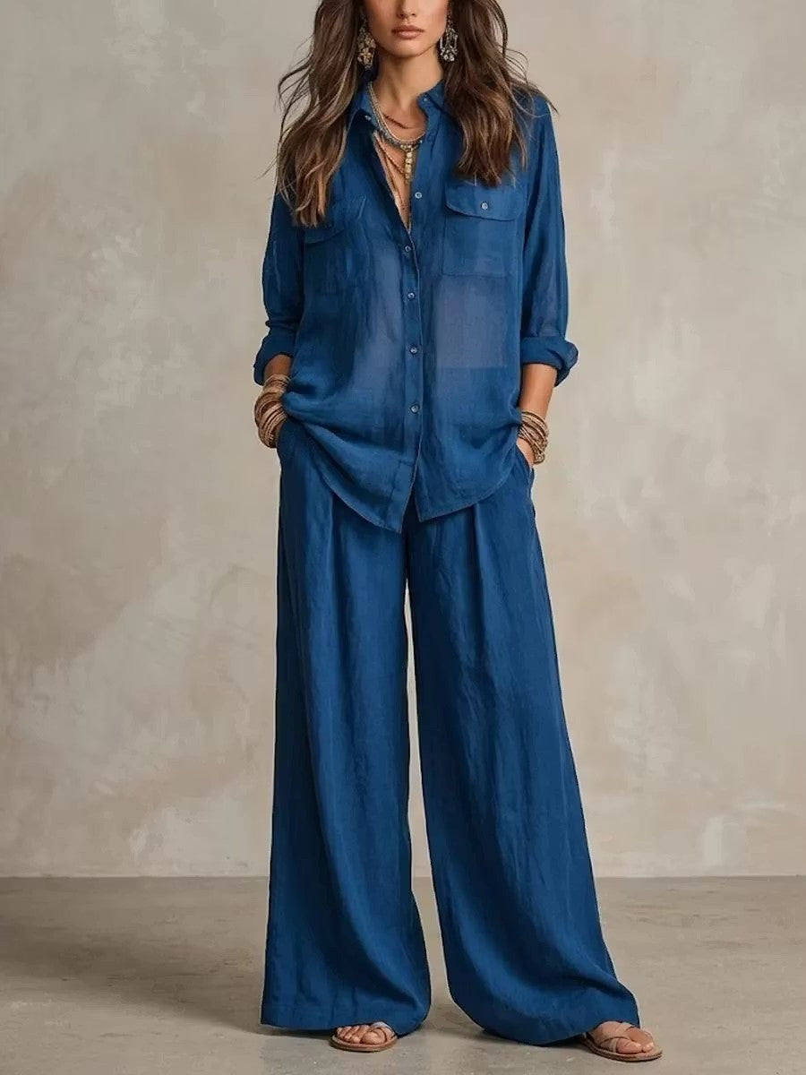 Autumn And Winter Suit, Breathable, Lightweight Long-sleeved Shirt, Drapey Wide-leg Pants, Holiday Style Women's Clothing