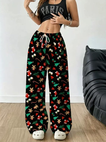 Women's Straight Loose Long Pants Snowflake Print Polyester Daily Outing Breathable