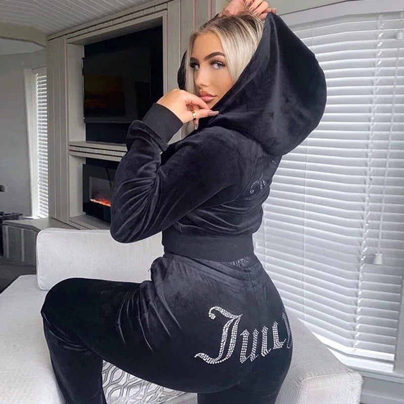 Fall Winter New Amazon Ebay Fashion Hot Drilling Korean Velvet Sports Leisure Suit Two-Piece Set