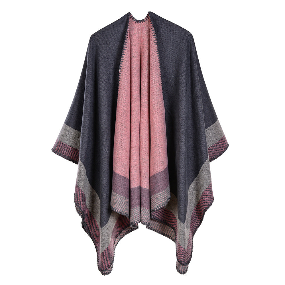 Women's Striped Small Square Faux Cashmere Acrylic Warm AC Shawl, Sun Shade Sun Protection Cape Western Travel Poncho