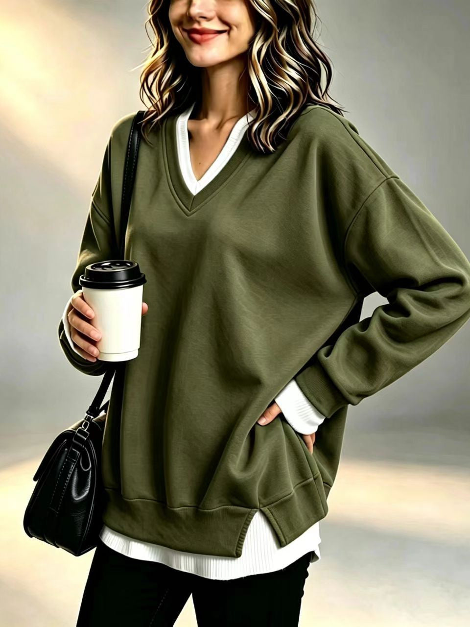 Autumn And Winter Hot-Selling Two-Piece V-Neck Sweatshirt, Loose Casual Plus-Size Color-Blocking Lazy Style Versatile Women's Top