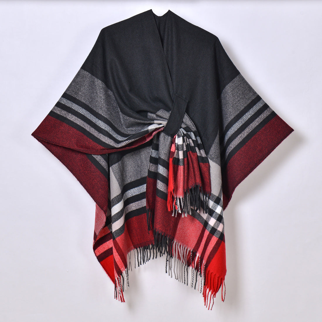 Women's Colorful Stripe Belted Shawl Coat, Jacquard Warm Tassel Cardigan Outerwear