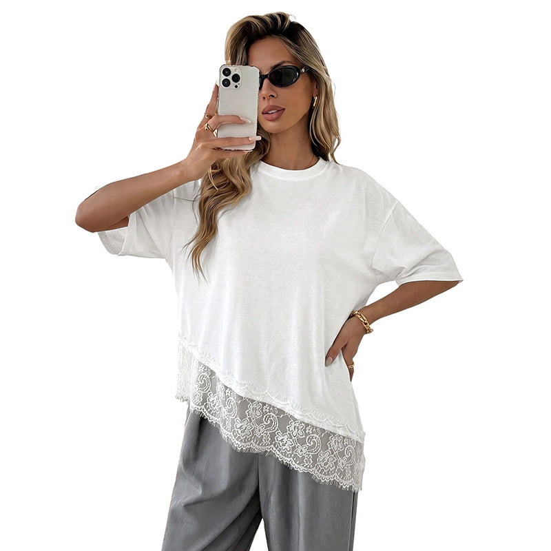 European And American Cross-border White Mid-sleeve Top, 2026 New Summer Casual Loose Irregular Patchwork Lace T-shirt For Women