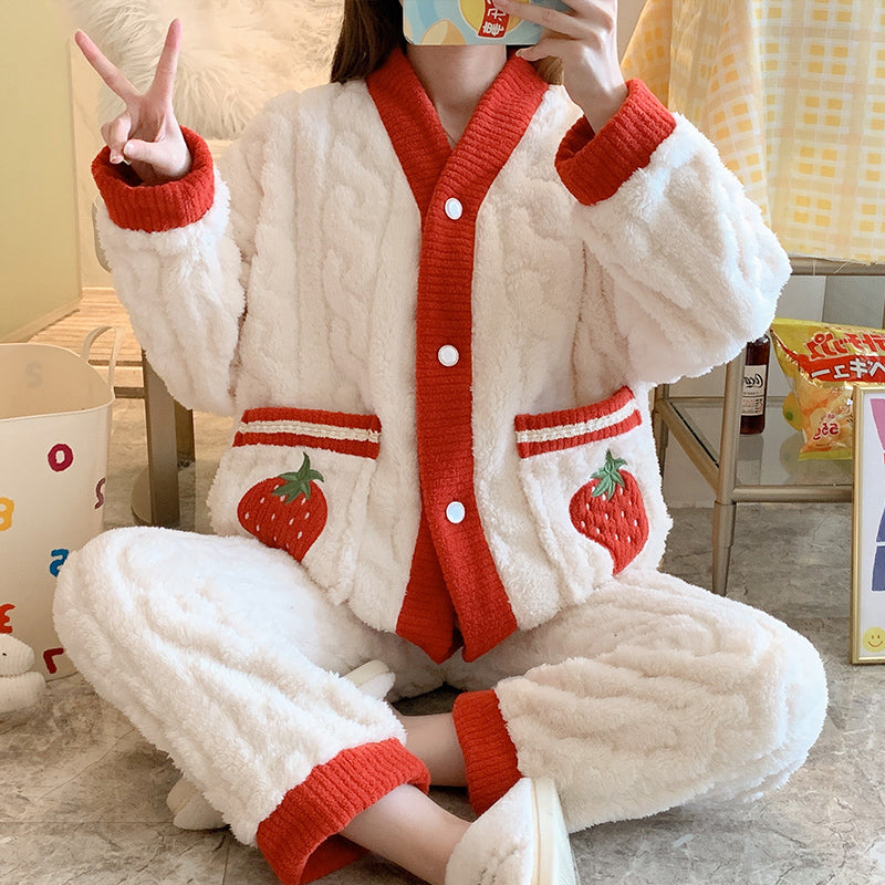 Women's Winter Fleece Thickening Cute Pajamas Set