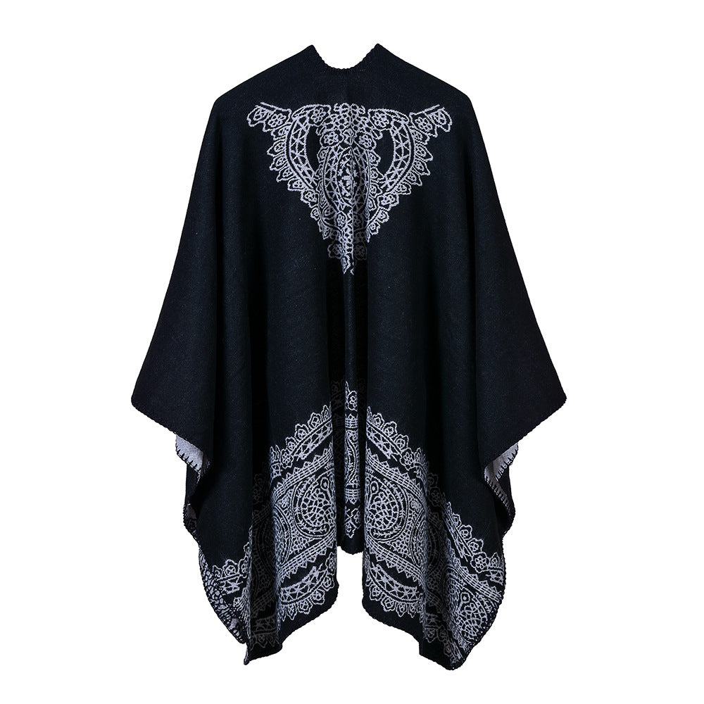 Women's Lace Pattern Split Shawl, Classic Countryside Poncho Cape For Show Performance