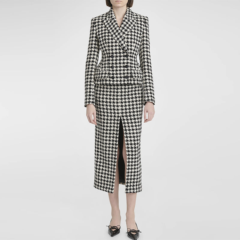 Houndstooth Peplum Blazer & Slit Pencil Skirt Two-Piece Suit Set