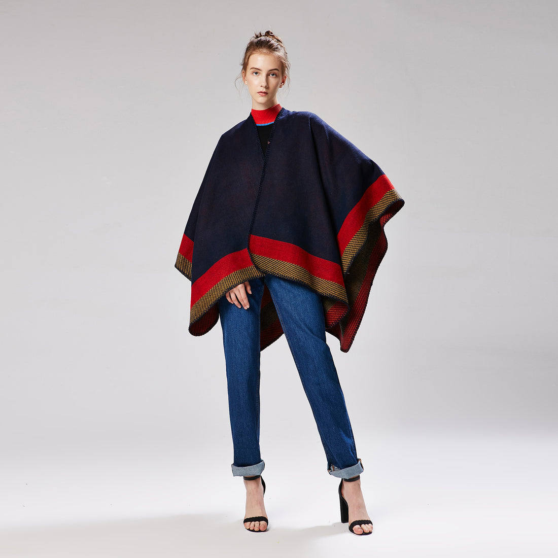 Women's Jacquard Frame Geometric Warm Shawl, Autumn Winter Extended Thick Poncho Cape Scarf
