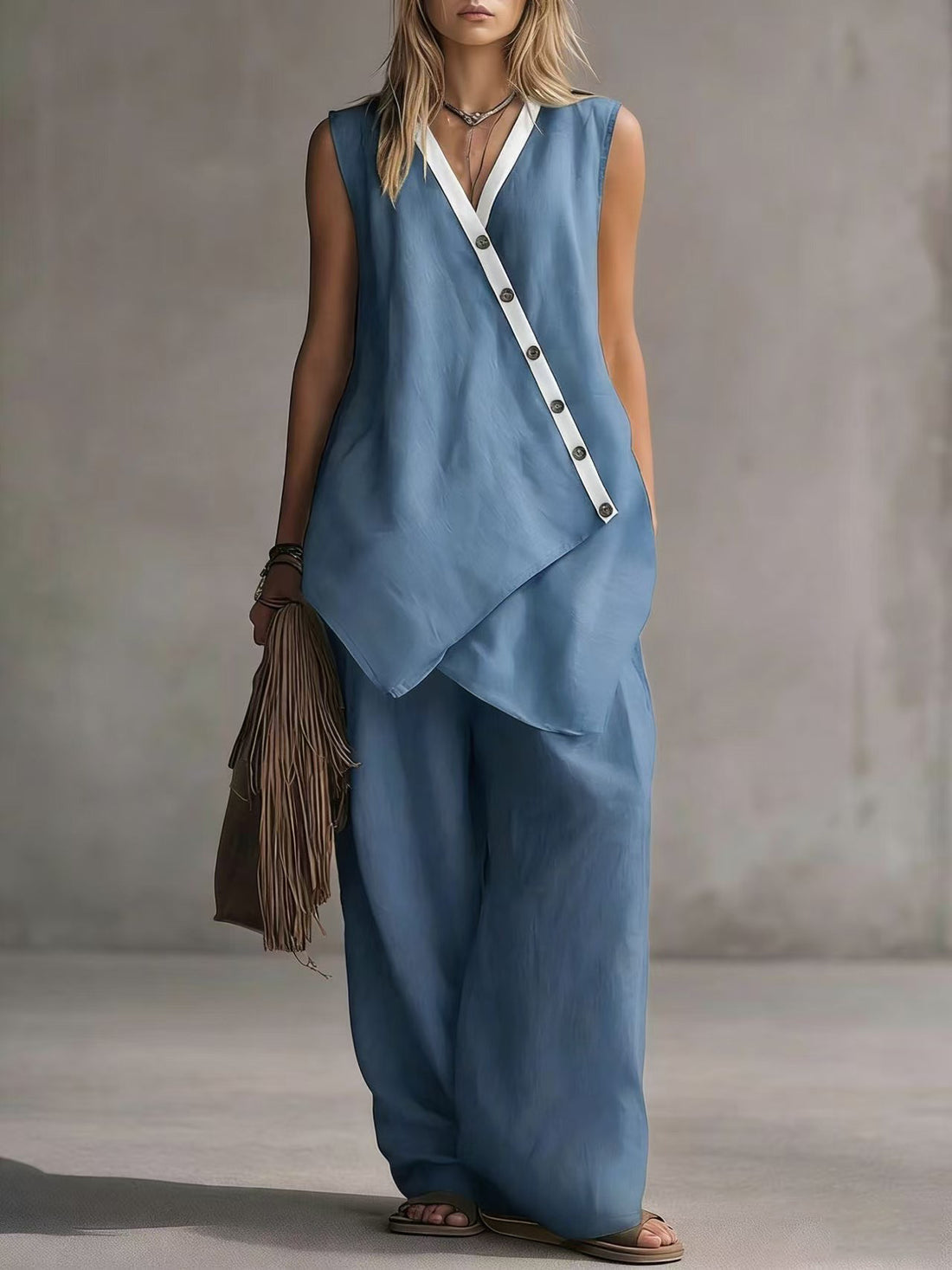 Women's Bohemian V-neck Irregular Button Wide-leg Pants Casual Suit