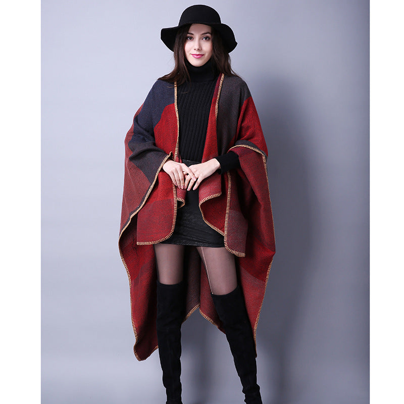 Women's Plaid Travel Shawl, All-Match Ethnic Style Thick Split Hem Faux Cashmere Poncho Cape Scarf For Autumn Winter