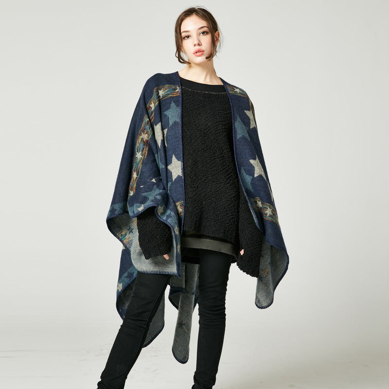 Women's Star Color Striped Faux Cashmere Shawl, Extra Long Thick Versatile Multi-Function Shawl