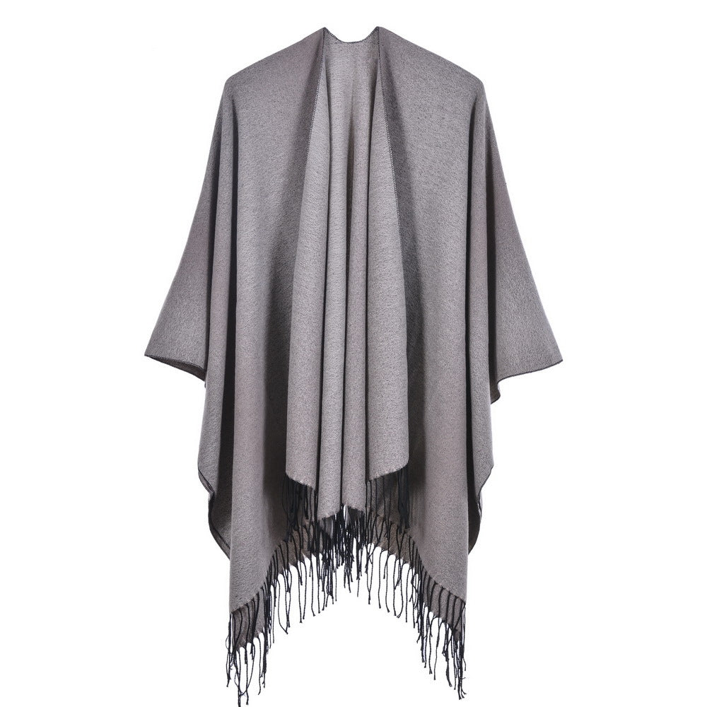 Women's Autumn Winter Double-Sided Gradient Color Tassel Jacquard Split Large Shawl, Travel Camping Outerwear Poncho