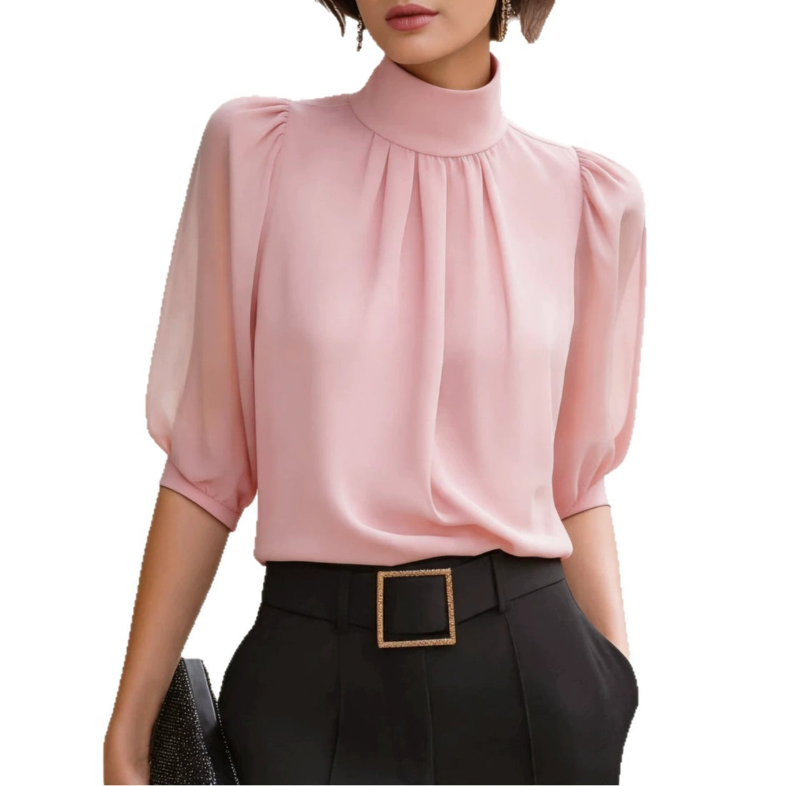 2026 European And American Women's Fashion New Style French Light Luxury High-Neck Puff Sleeve Drapey Top Versatile Business Shirt