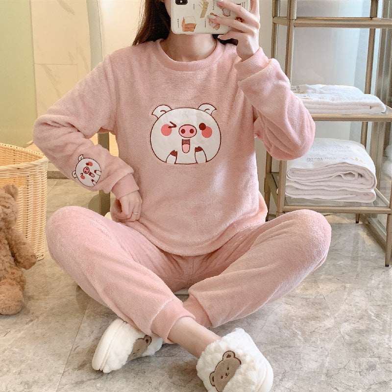 Autumn And Winter Pajamas Women's Flannel Round Neck