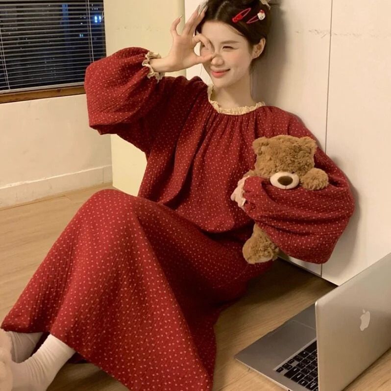 Cotton Gauze Floral Long Sleeve Nightgown - Women's Lace Collar Loose Fit Sleepwear Breathable Homewear For Autumn