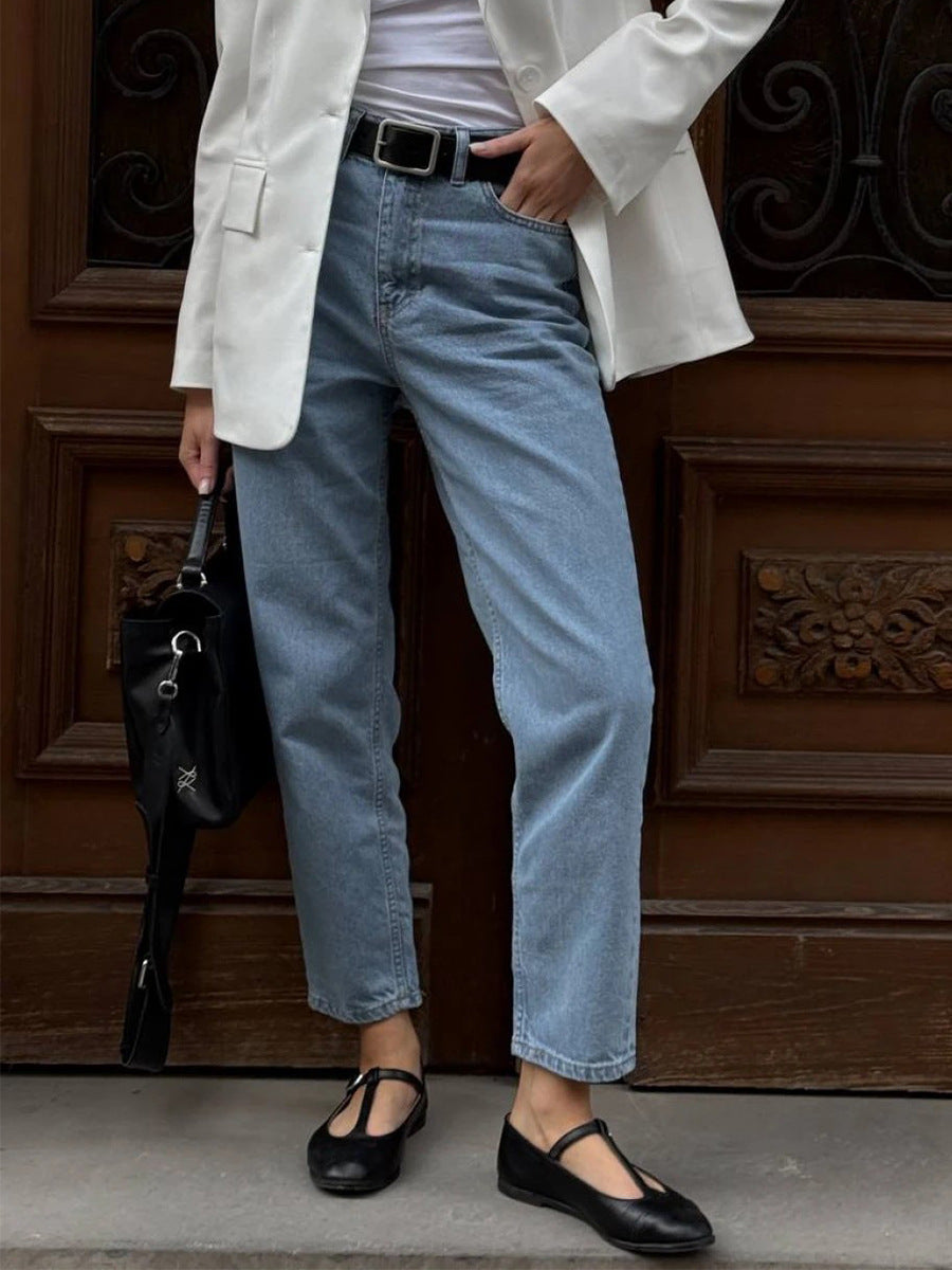 Retro High-Waisted Straight-Leg Jeans    Autumn And Winter Elegant Versatile Pure Cotton Slim Jeans For Women