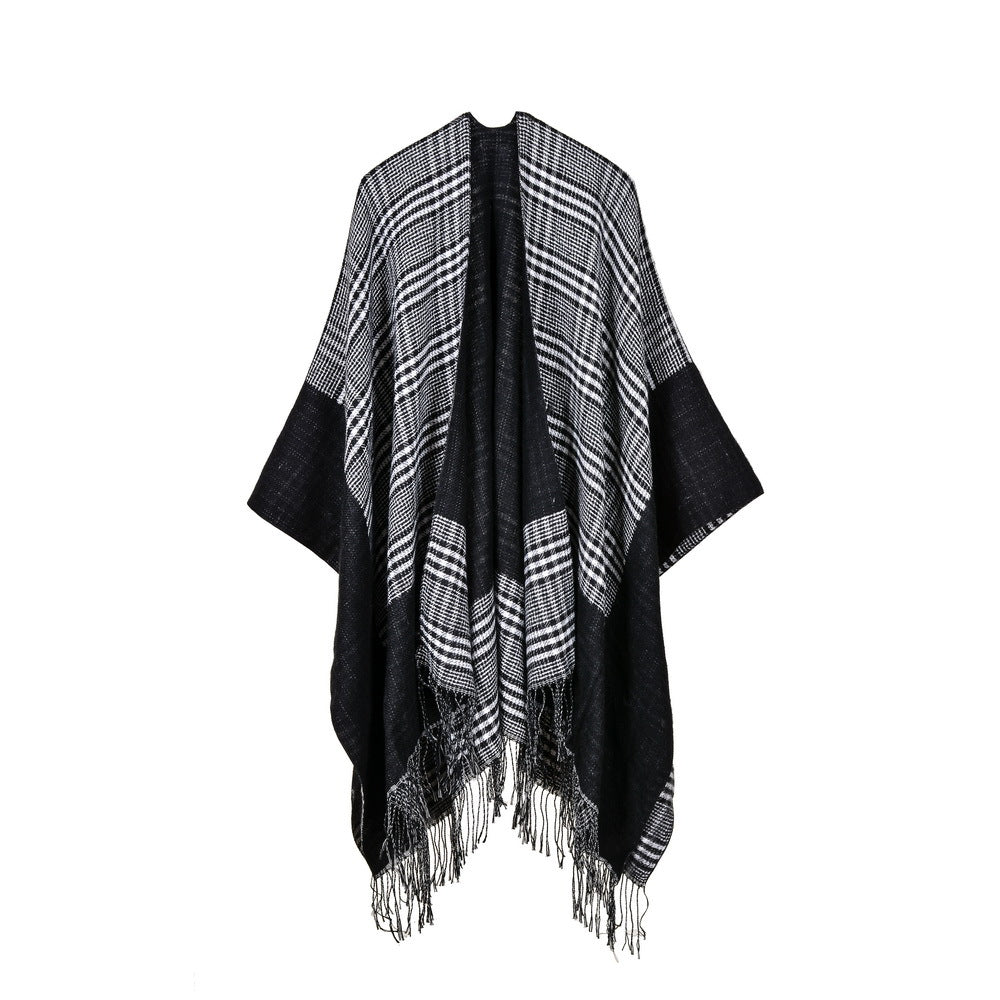 Women's Jacquard Frame Small Square Warm Shawl, Autumn Winter Extended Thick Poncho Scarf