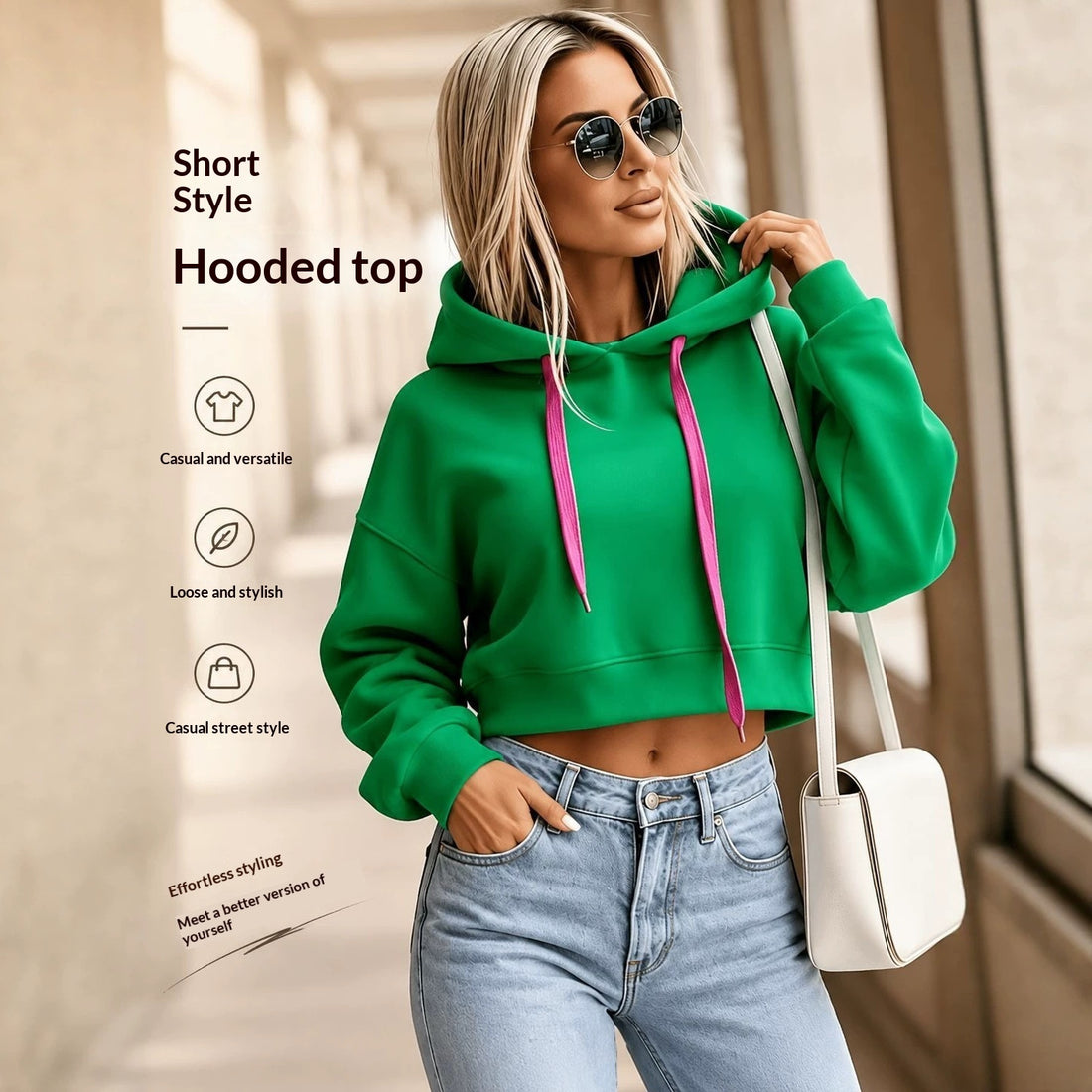 Contrast Color Drawstring Cropped Hoodie Women