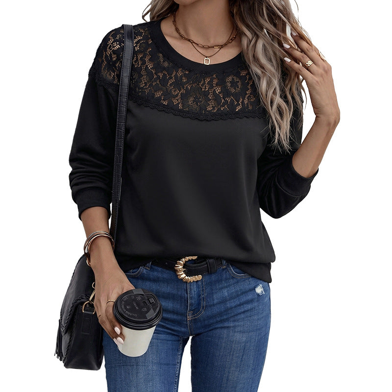Cross-Border Russian Casual Tops Autumn And Winter 2026 New Style Loose Spliced Lace Hollow Round Neck Long-Sleeved T-Shirt For Women