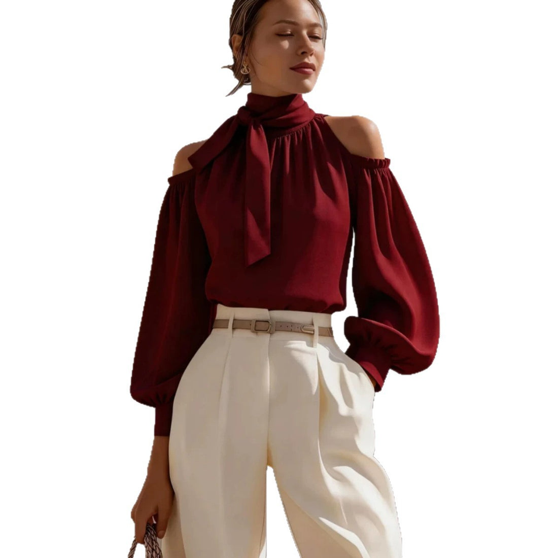 Ribbon Stand-up Collar Shirt, Sexy Off-shoulder Lantern Sleeves, Versatile Top
