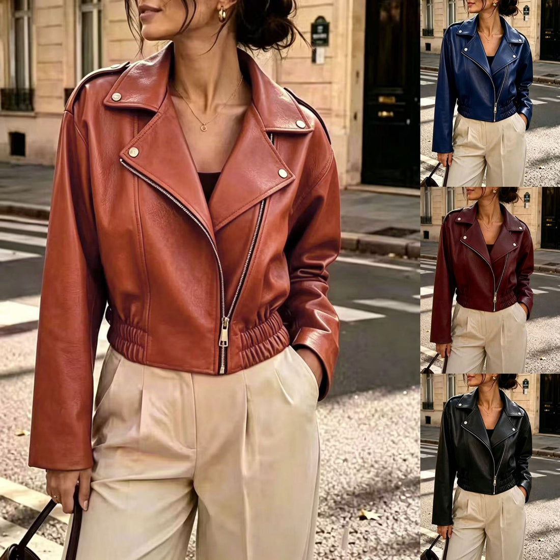Amazon Independent Store New European And American Style Turn-down Collar Zipper Short Leather Jacket With Pleated Hem Casual Leather Coat