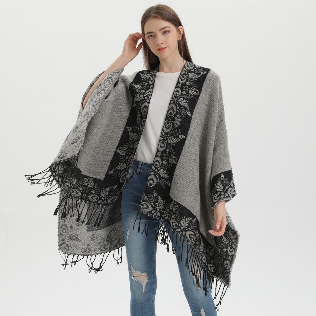 Women's Split Shawl, Autumn Winter Faux Cashmere Warm Tassel Poncho Scarf