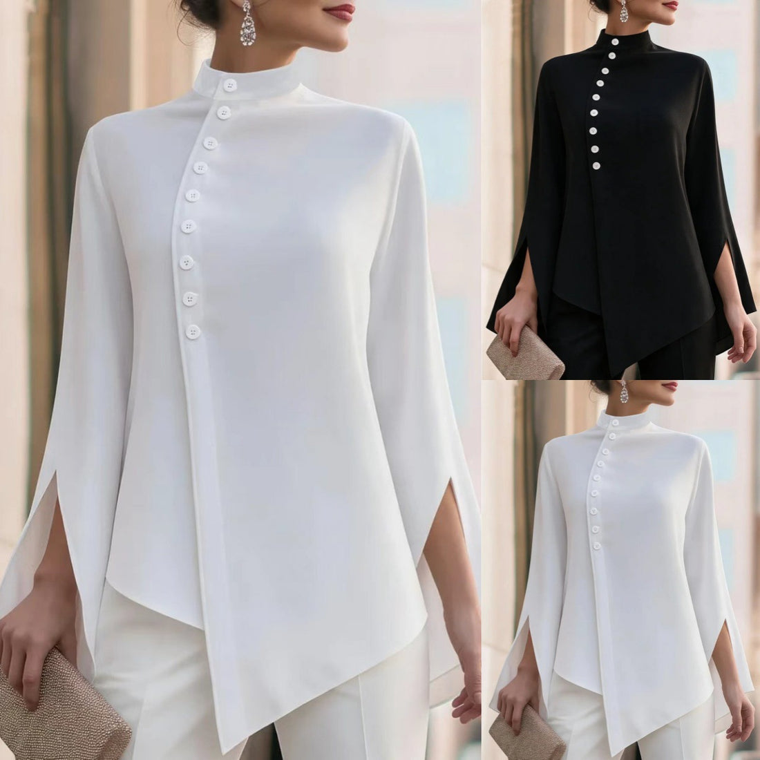 Stand Collar Buttoned Shirt With Irregular Hem, Slit, And Bell Sleeves, Elegant Commuting Top