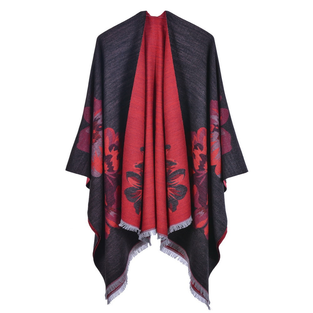 Women's Double-Sided Fringe Fashion Jacquard Shawl, Thick Warm Split Shawl Poncho
